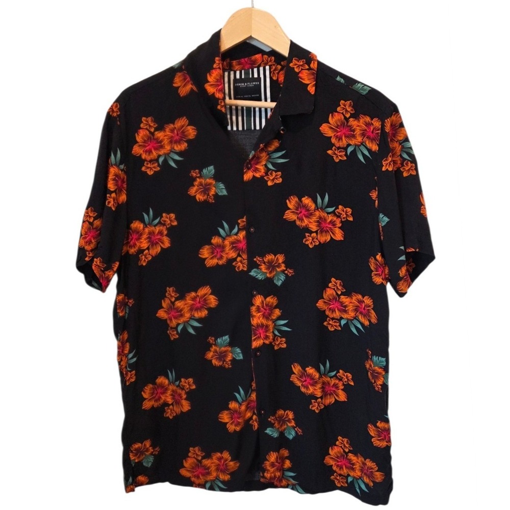 Mens Denim & Flower Shirt Viscose Floral Tropical Relaxed Black Orange  XL